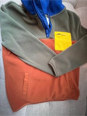 Old Navy Colorblock Zip-Up Fleece in Olive, Rust & Blue with Yellow Pocket